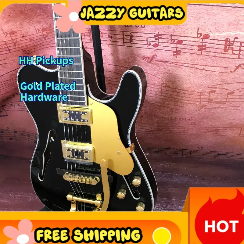 1972 Black Gold Full Hollow Tele Electric Guitar, Gold Hardware, HH Humbuckers, Big Tremolo, Jazz Blues Guitar