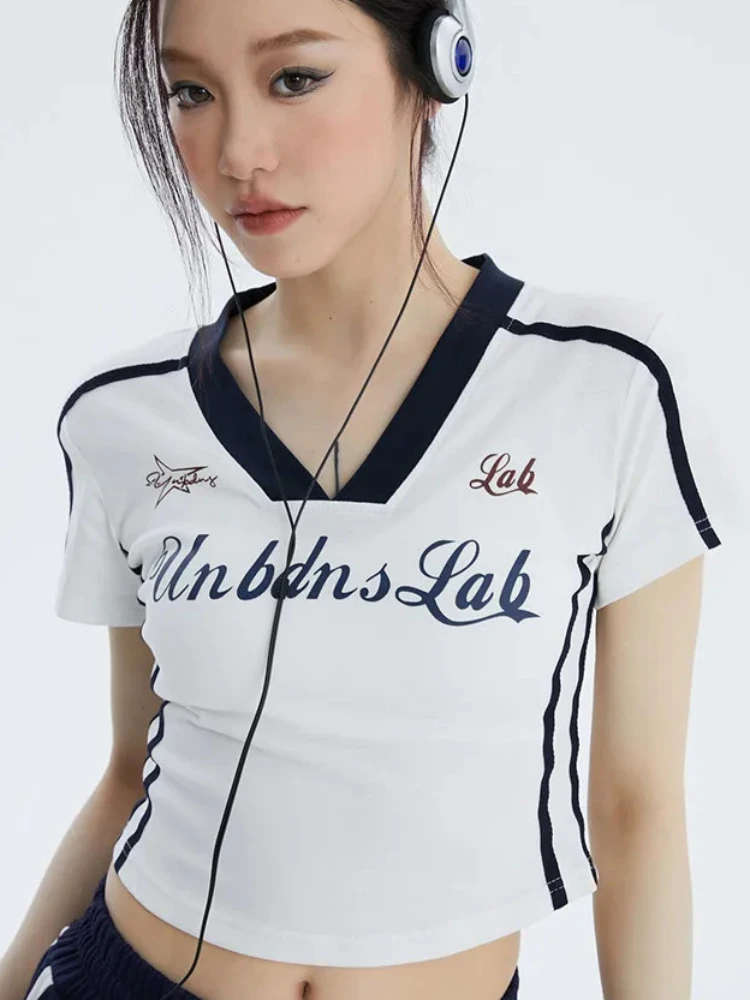 

Women's V-Neck Striped Letter Print T-shirt, Short Top, Street Clothing, Grunge, Summer, Y2K, 2024