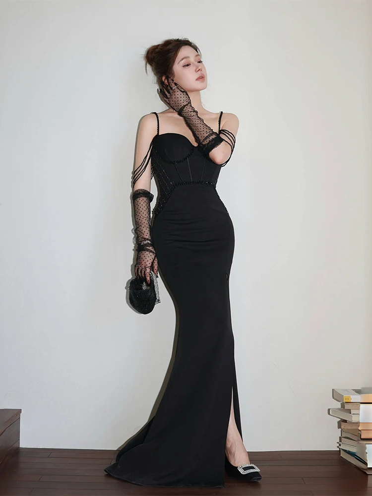 

Длинное вечернее платье-фрак ручной работы с бисером и эффектом похудения для женщин, модное вечернее платье для вечеринок и свадеб