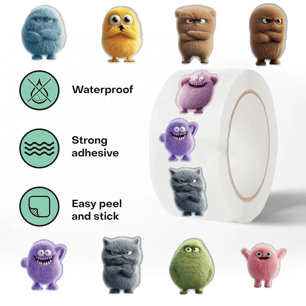 500 Pcs/Roll Stiker PVC Monster Bulu Halus - Dekorasi DIY Menyenangkan untuk Anak-Anak untuk Ponsel, Botol Air & Mainan Toko BulingBulingStickers