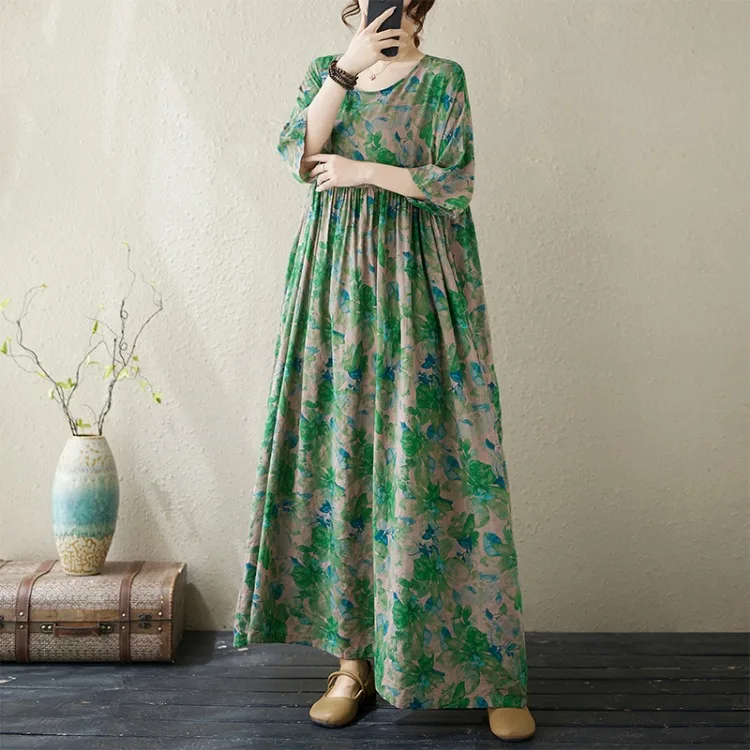 Plus Size Bohemian Print Maxi Long Dress for Women Floral Casual Cotton Linen Loose Vintage Vestidos Para Mujer Robe Dresses