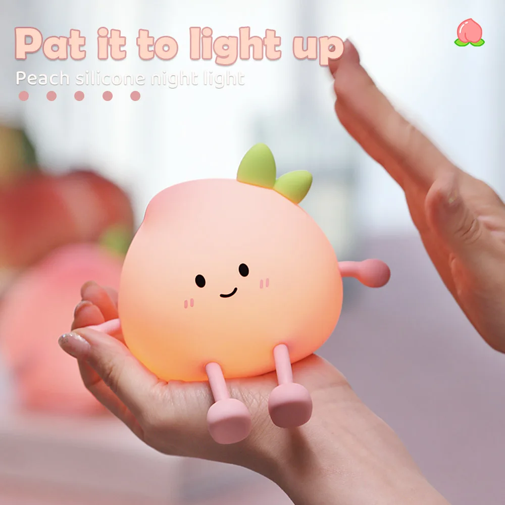 Cute Silicone Peach Night Light Rechargeable LED Nursery Nightlight 7 Colors Tap Control Bedside Lamp for Bedroom Christmas Gift