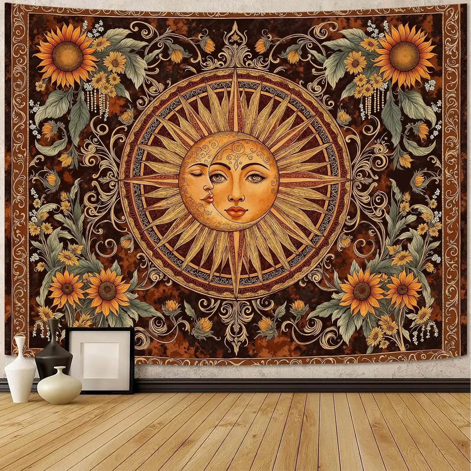 Bohemian Sun Goddess Sunflower Tapestry Large Wall Hanging Boho Celestial Art Mural Spiritual Tapestry Decor 180x230cm