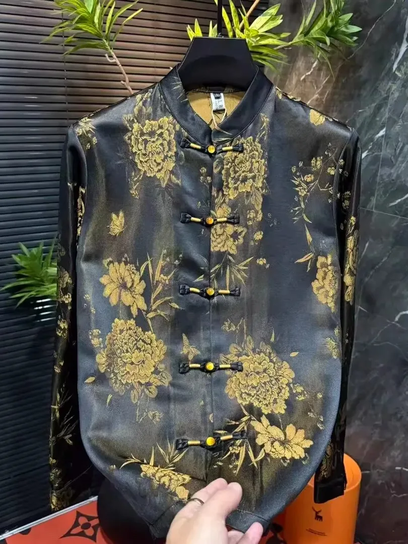 

Новый мужской Long Sve irt, весенне-осенний модный футболка, элитный костюм с поясом, национальный тренд, костюм Тан