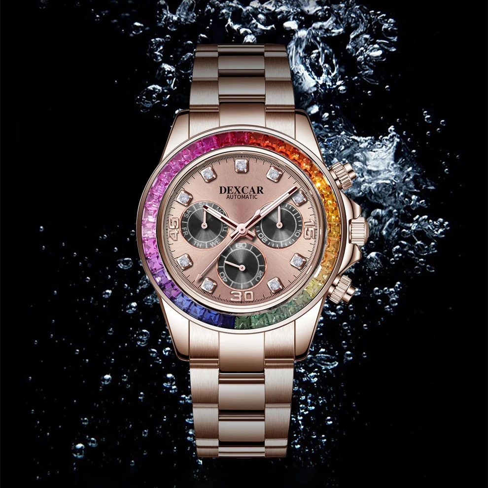 DEXCAR Mechanical Watch For Men 2024 Mens Automatic Watches Multifunctional Rainbow Diamond Wristwatches Waterproof Reloj Hombre