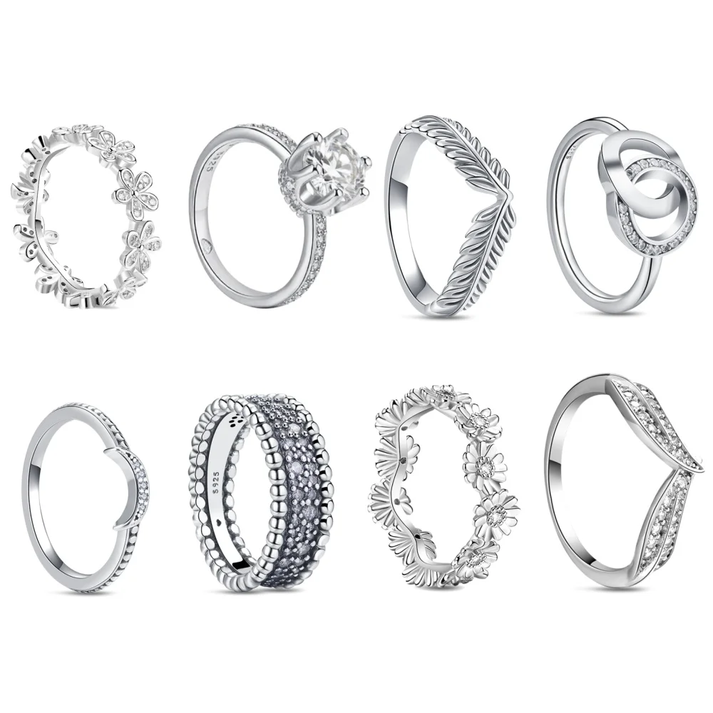 925 Sterling Silver Rings For Women Original Crown Love Heart Wishbone Engagement Wedding Rose Gold Crystal Ring Luxury Jewelry