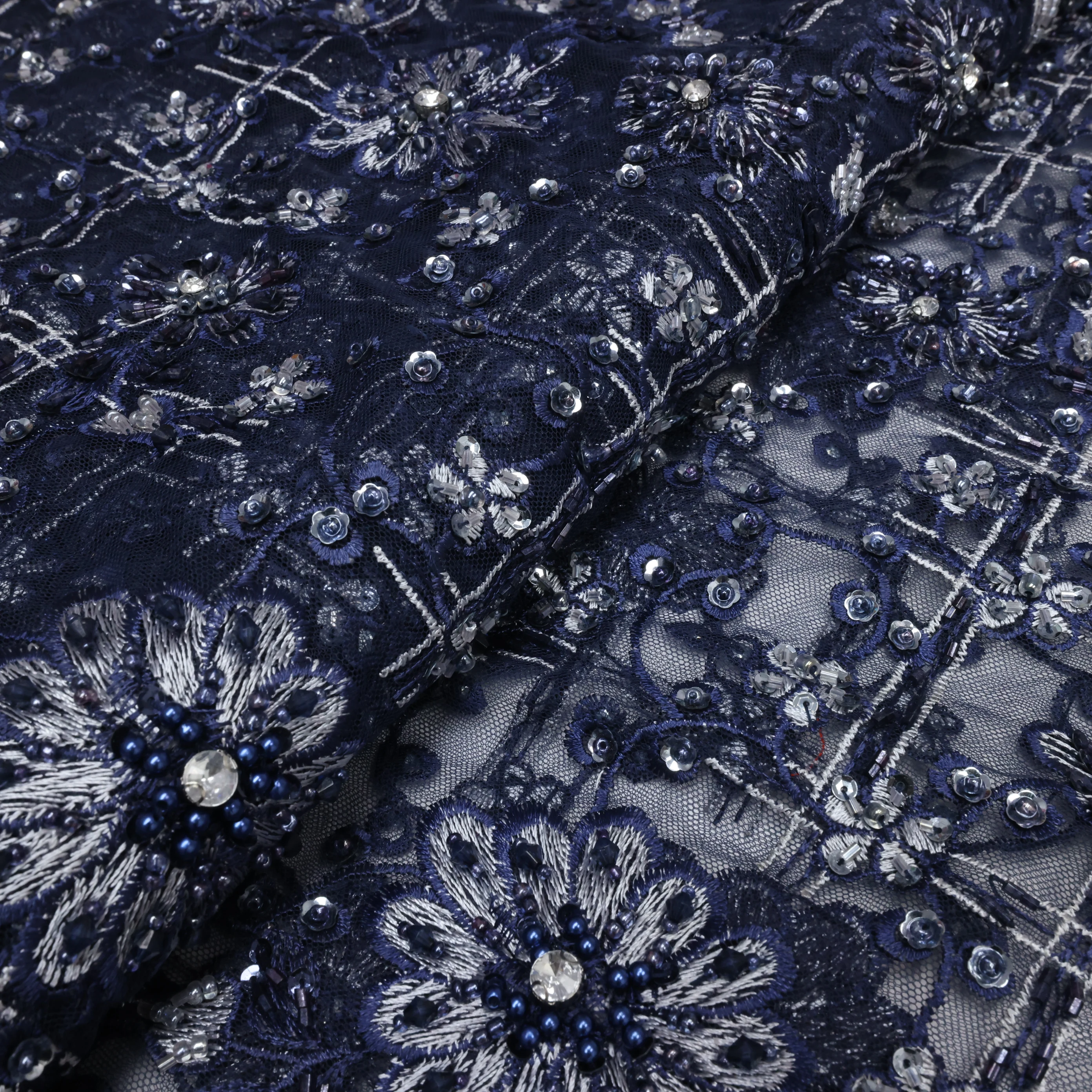 New Arrival African Handmade Beaded Lace Fabric With Stones Tulle Lace Material 5 Yards Handmade Beaded Lace Party Dress Fabrics