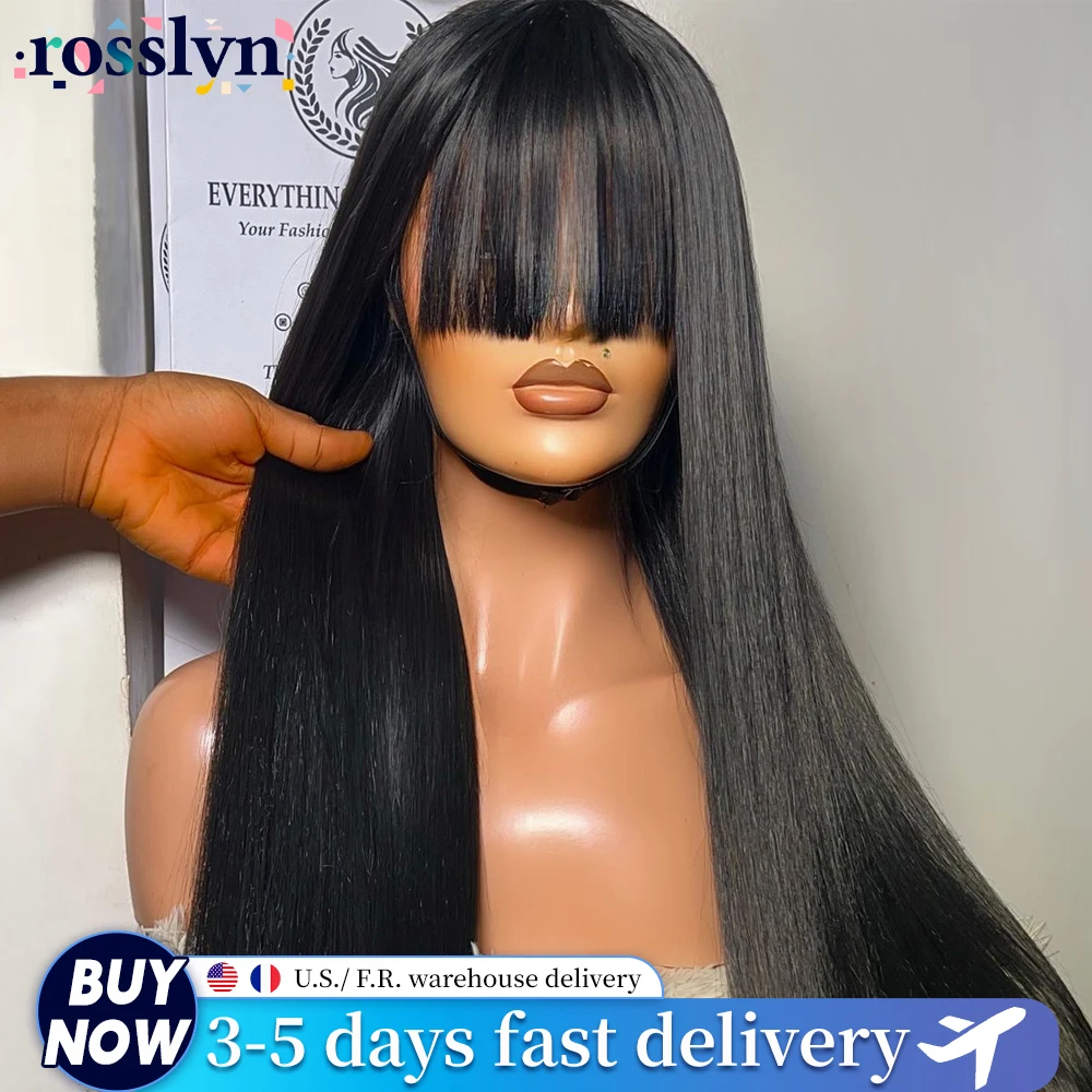 200% Density Bone Straight Human Hair Wigs With Bangs Full Machine Made Wig Brazilian Hair Wigs 3x1 Middle Part Wigs Summer Woman Hair Wig
