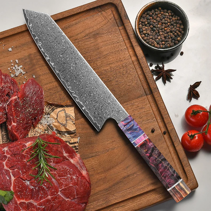 8 Inch Japanese Kitchen Kiritsuke Knife 67 Layer Damascus Steel Vg10 Core Forged Knife Stabilized Colored Wood Handle