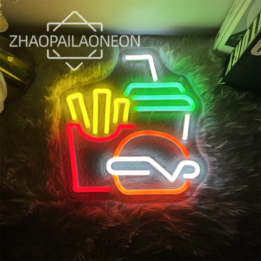 Hamburger Neon Led Sign Restaurant Neon Light Wall Decoration USB Neon Fast Food Fries Led Lights Coffee Shop Decor Led Snack