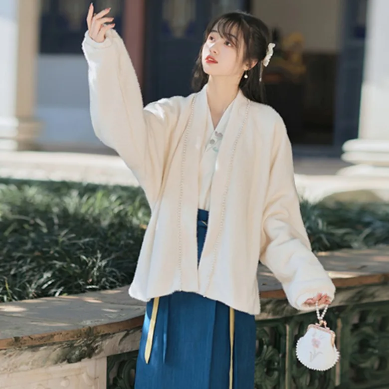 New Chinese Style Hanfu All-Match Particle Mink Velvet Thick Outerwear Hanfu Button Airplane Sleeve Daily Commute Top