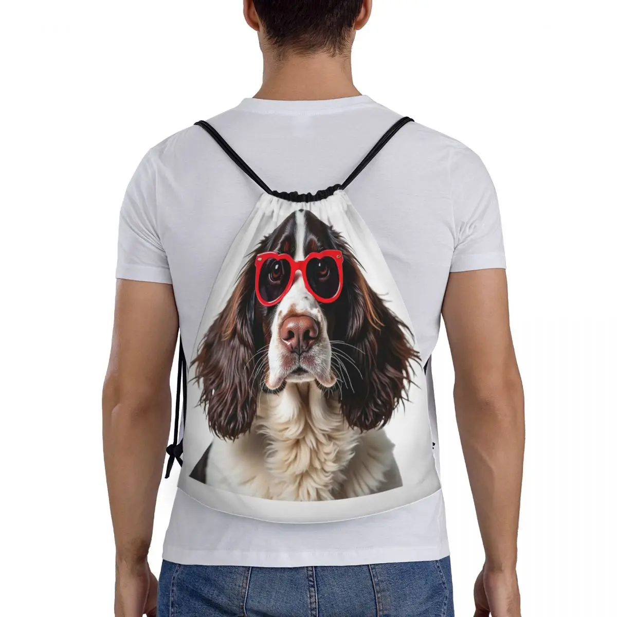 English Springer Spaniel Dog Wearing A Heart Shape Sunglasses Backpacks Fashion Drawstring Bags Storage Bag Book Bags for Travel