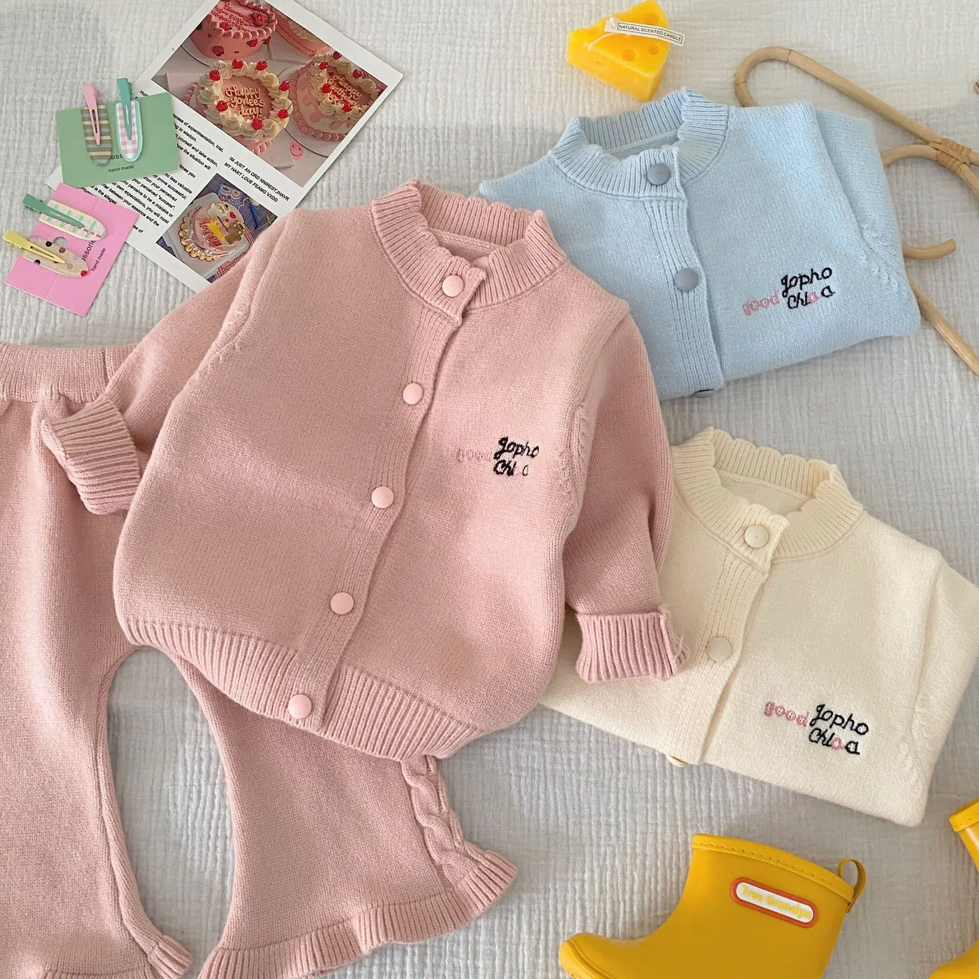 2025 Autumn New Baby Long Sleeve Clothes Set Infant Girl Sweater Cardigan + Flared Pants 2pcs Suit Toddler Casual Knitted Set