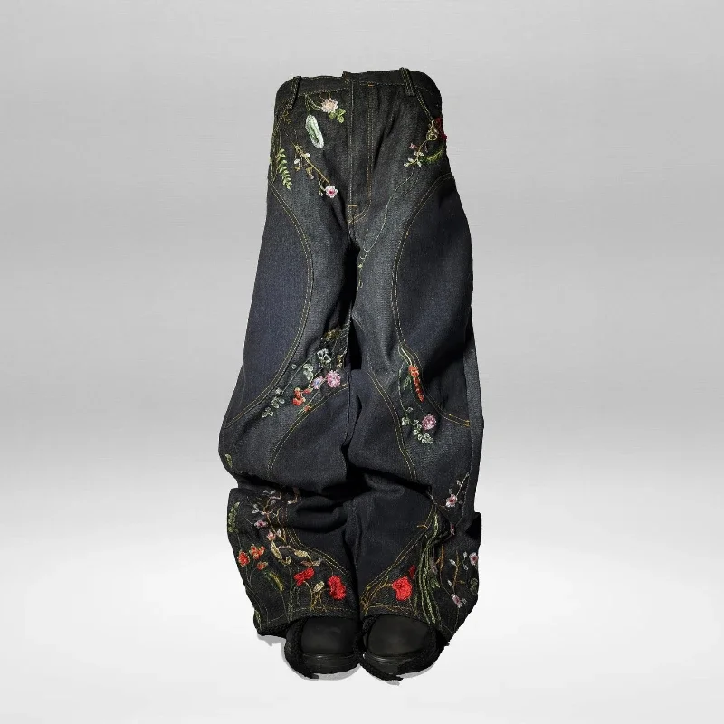 Y2K Blossom Jeans larghi Ricamo floreale alla moda Cuciture aerodinamiche Streetwear unisex Pantaloni oversize stile Harajuku retrò