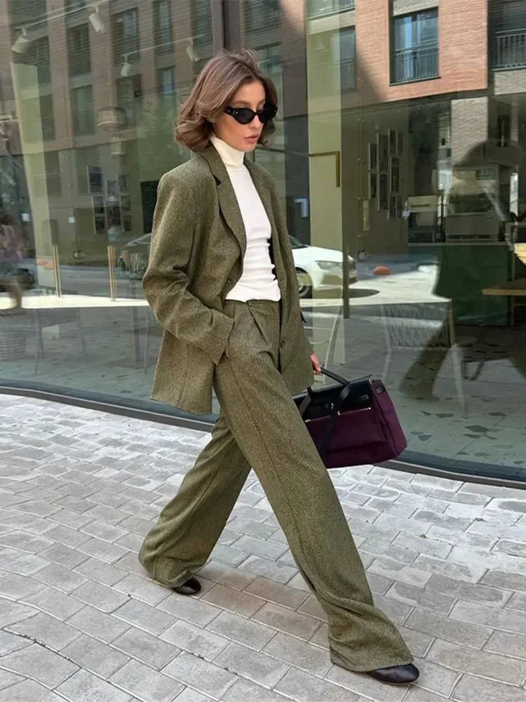 Elegant Lapel Long Sleeve Single Breasted Coat Pants Suit Fashion Solid Wide Leg Pant 2 Piece Set For Women Female Street Outfit