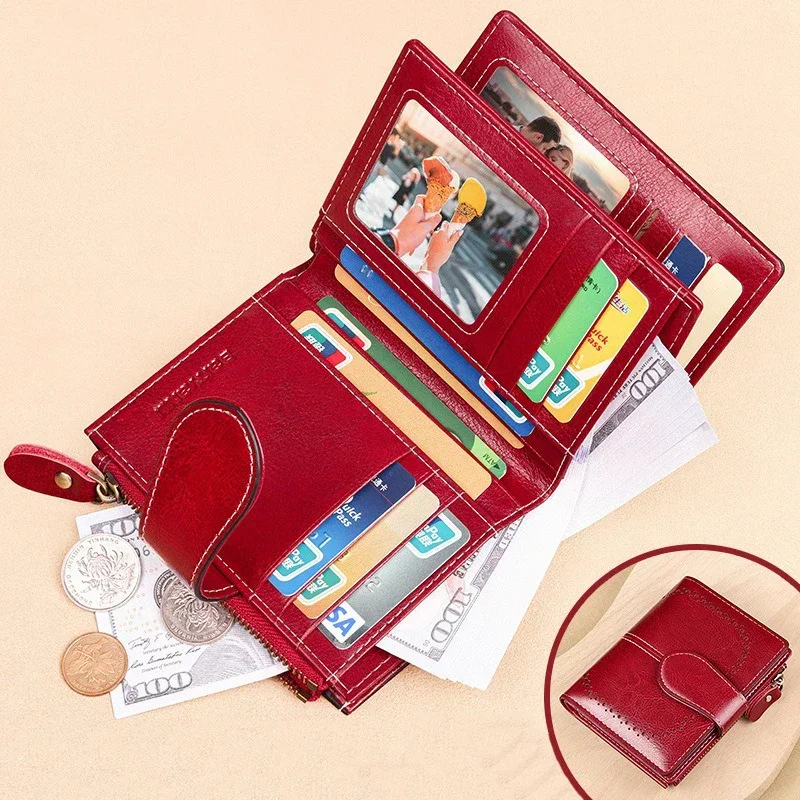 Retro Oil Wax Genuine Leather Wallets for Women Three Fold RFID Credit ID Card Holder Zipper Coin Purse Hollow Design Red Wallet