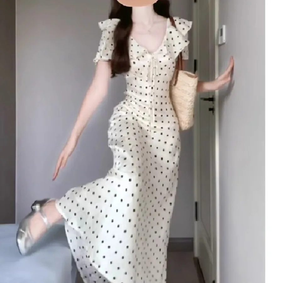 

【New style】French polka dot bubble sleeve dress for women summer seaside vacation gentle style waist waist unique temperament b
