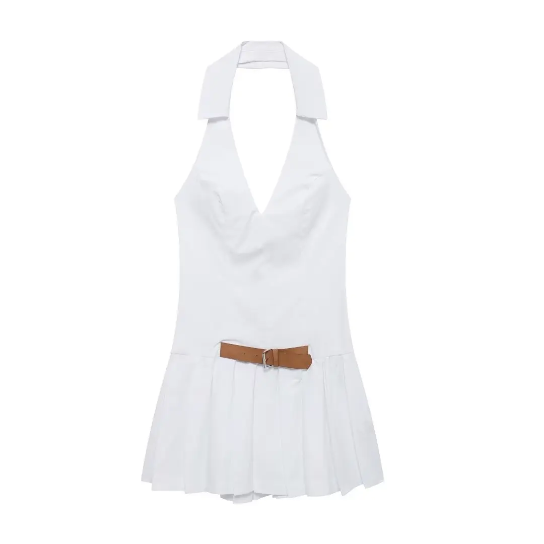 Mini vestido feminino sem mangas com cinto, pescoço decorativo pendurado, temperamento de palhaço, nova moda, 2022