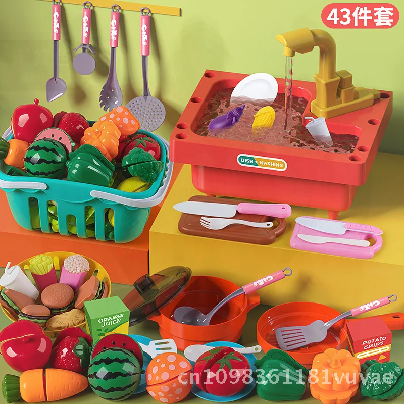 Kids Play House Kitchen Toy Set with Dishwasher Sink Hand Fruit Vegetables for Girls 2-3 Years Old Simulation Cooking Role Play
