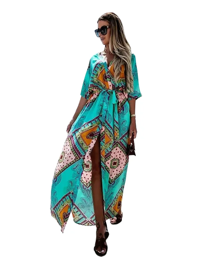 

Summer Printed Long Dresses Women Fashion Sexy V-neck Casual Beach Vacation Style High Waist Leace-up Slit Dress Female Vestidos