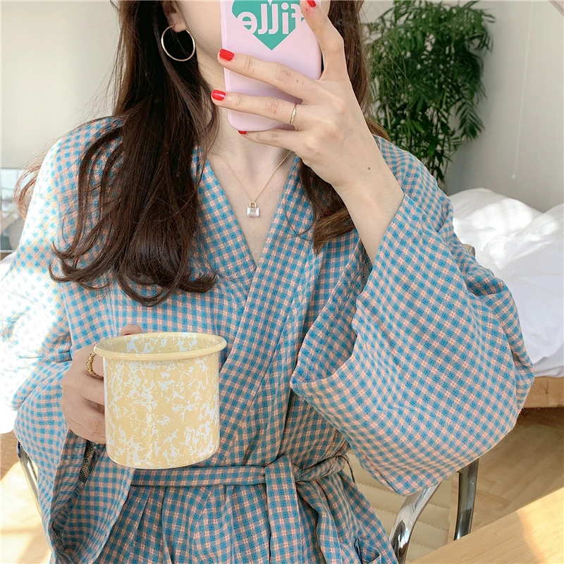 Fashion Robe De Chambre Pour Femme Spring Autumn Plaid Bathrobe Long Sleeve Kimono Homewear Girls Pijamas Bath Robe for Women