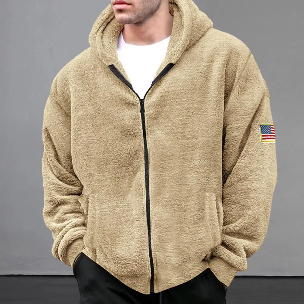 

Solid Color Jacket Zipper Closure Jacket Stylish Men's Winter Jacket Plush Hooded Cardigan with Zipper Closure for Fall