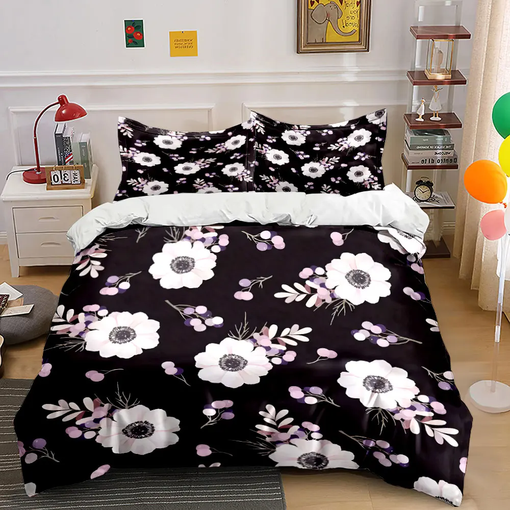Elegant white anemones on a black background Bedding Set 1Duvet Cover 2 Pillowcases for Adult and Children Luxury Gift Full Size
