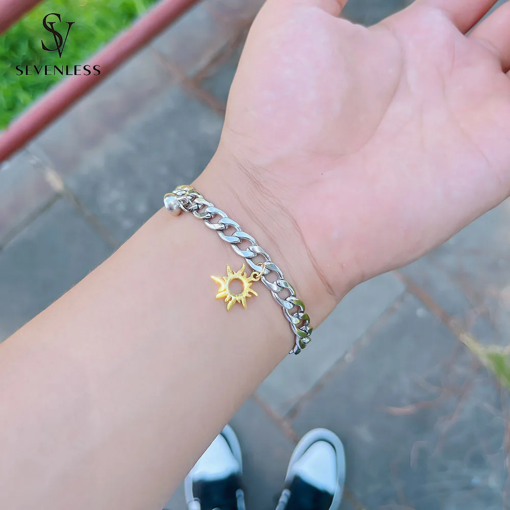 2pcs/set 18K gold plated titanium steel Sun Moon Charm couple Bracelet men and women simple stainless steel magnet jewelry gift image 3