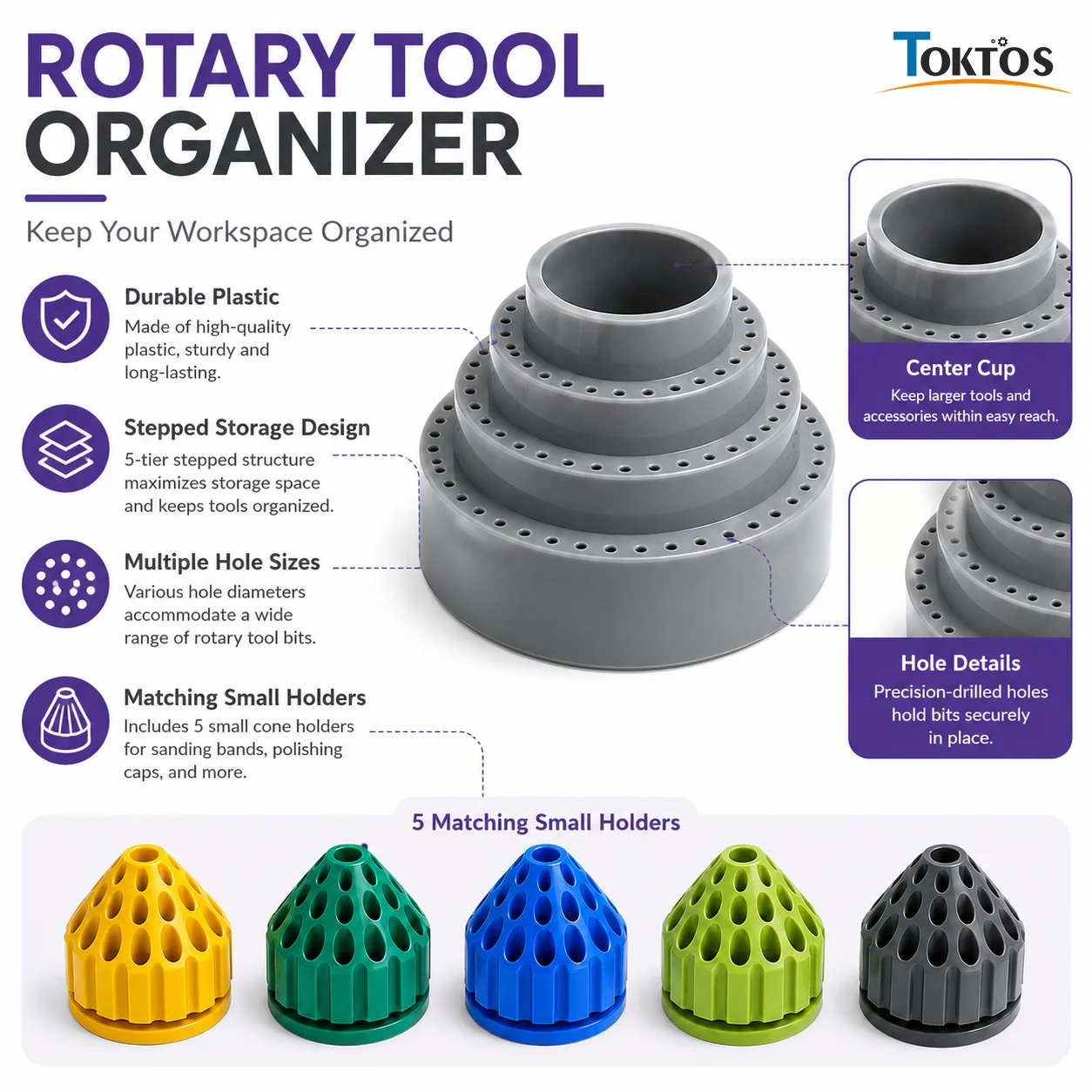 TOKTOS 35/116 Hole Rotary Tool Storage Box 360° Grinding Head Burr Drill Bit Polishing Accessory Organizer for Jewelry Tools