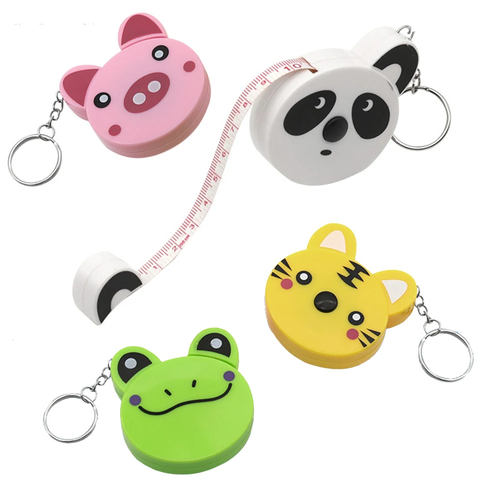 4PCS Cartoon Tape Measure Mini Animal 0-150cm 0-60Inch Key Ring Toddler Tape Measure Automatic Metric Imperial Measuring Tools