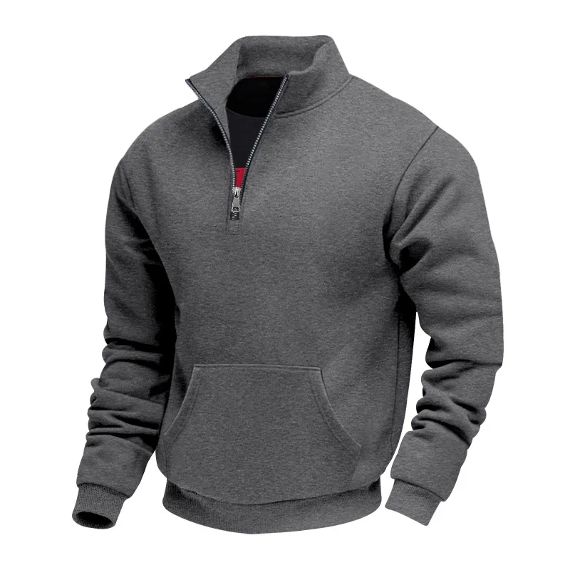 Cross-border Autumn and Winter Velvet Heavyweight Men's Loose Retro Casual Stand-up Collar Half Zipper Commuter Pocket Sweater