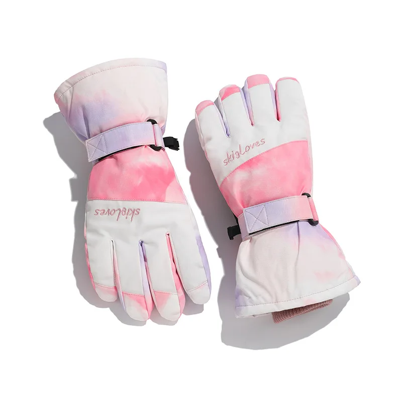 Pink Printing Women Ski Gloves Fleece Warm Thermal Gloves Touch Screen Non-slip Windproof Waterproof Snowboarding Winter Gloves