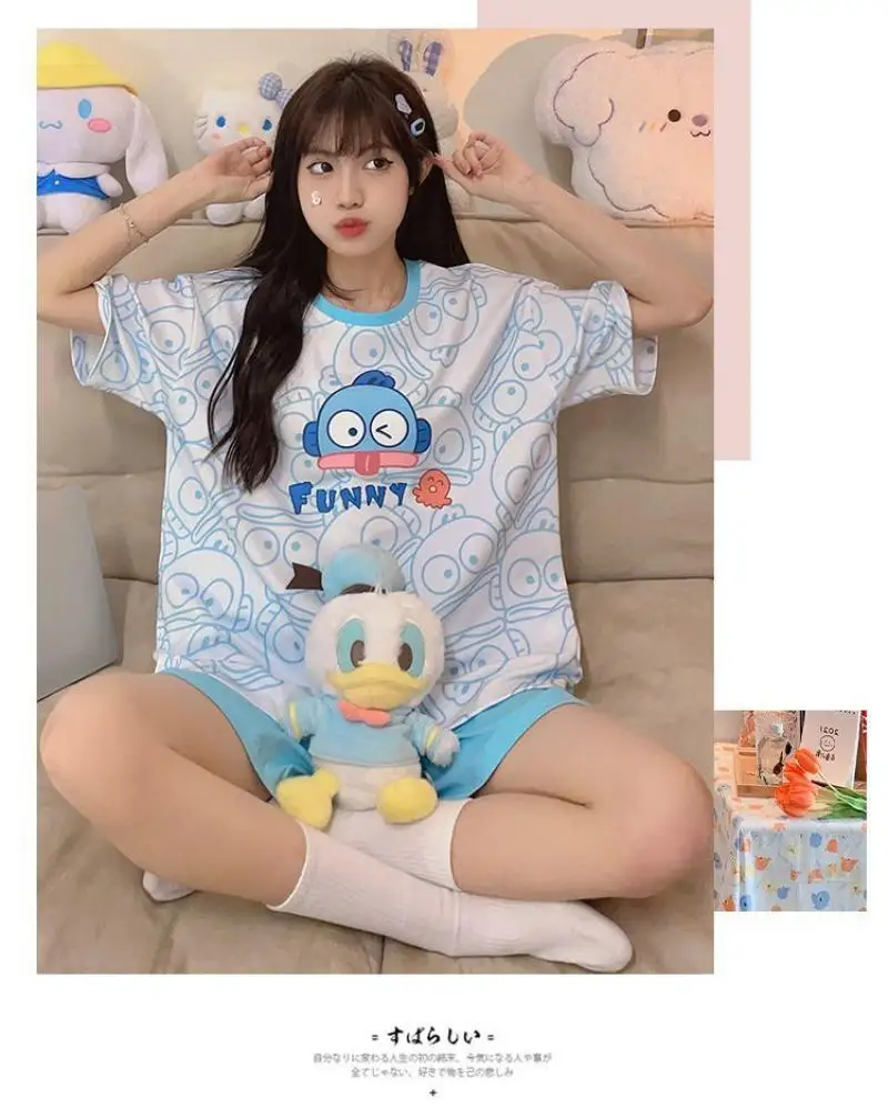 Anime Hangyodon Pajamas Suit Sanrioed Cartoon Summer Girls Homewear Round Neck Loose Leisure Short Sleeved Shorts Nightgown Suit
