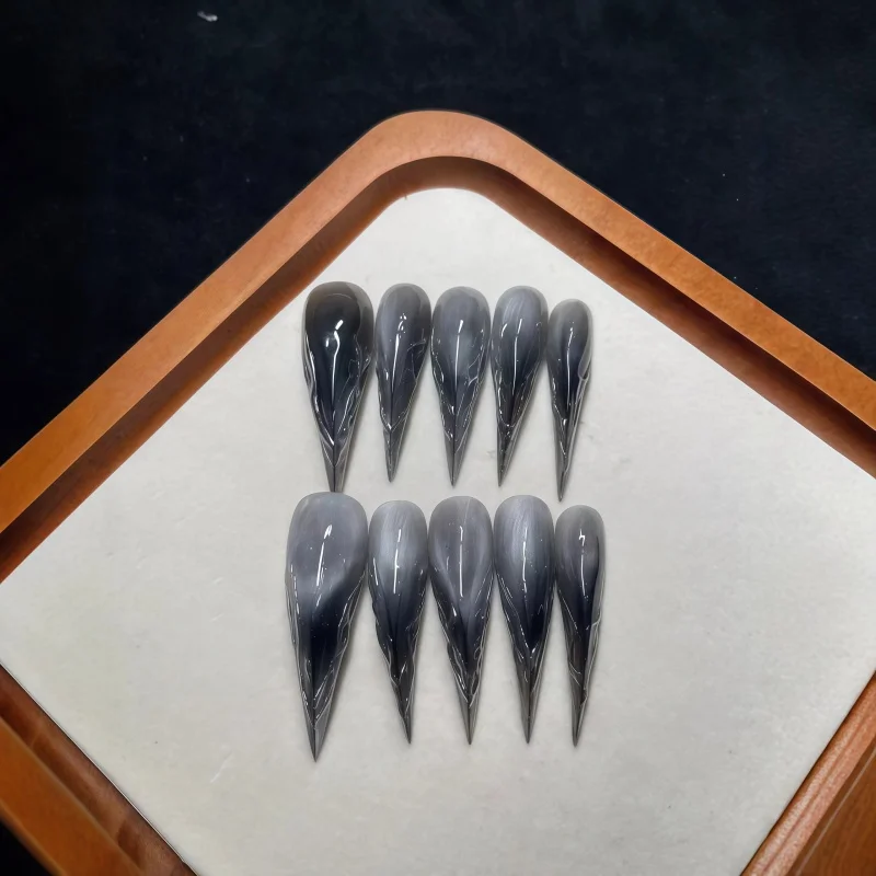 10PCS Smoky Grey Black Marbled Stiletto False Nails Translucent Smoke Gradient Long Sharp Press On Nail Set Cool Dark Minimalist
