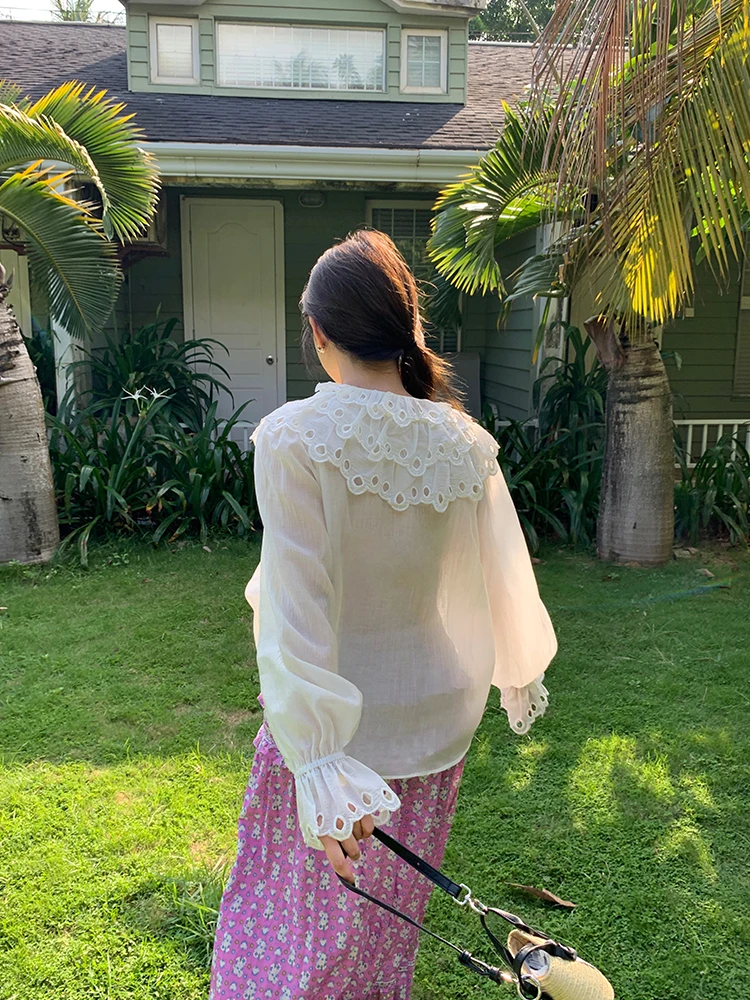 

Ele Lace White irt Doll Collar Women's Simulation New 2024 Faion Korean Sle Long Sve Cotton Blend