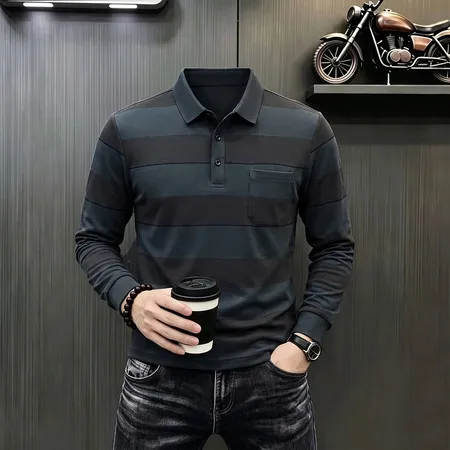 Einfaches Herren-Poloshirt mit langen Ärmeln, Kragen, Brusttasche, Knopfleiste, für Büro, Frühling, Herbst, Freizeit. – Detail 16