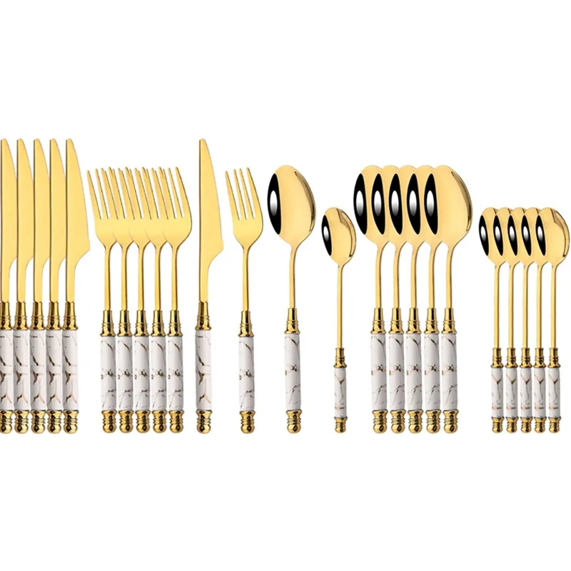 24Pcs/Set Stainless Steel Cutlery Ceramic Handle Dinnerware Set Knife Cake Fork Tea Spoon Dinner Tableware Set Gold Flatware Set