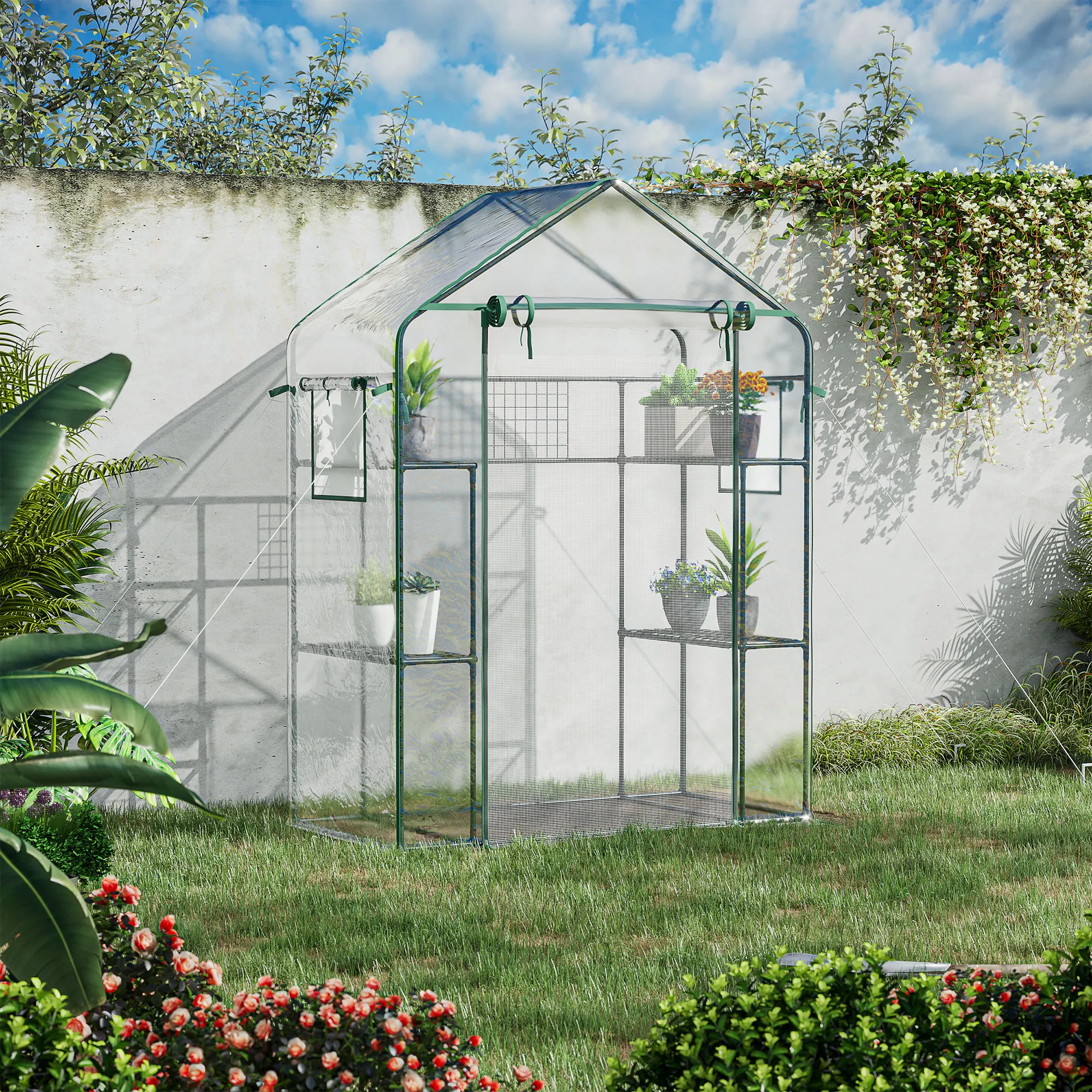 Outdoor Walk-in Mini Greenhouse with Mesh Door & Windows, Portable Garden House with 3-Tier 6 Shelves, Trellis & Plant Labels