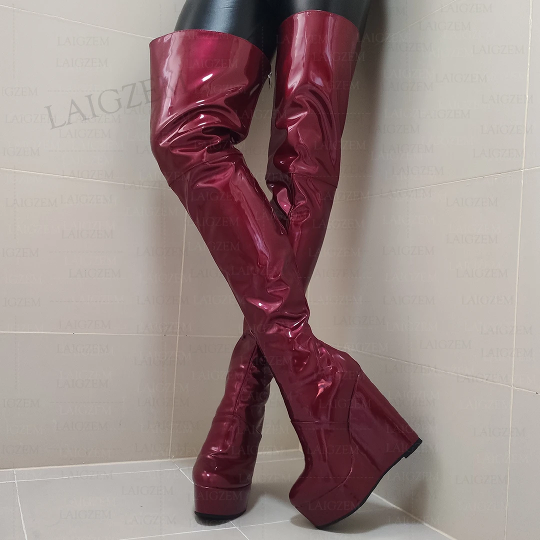 LAIGZEM stivali alti alla coscia da donna punta tonda stivali con Zip sul retro zeppe stivali con cerniera completa scarpe sopra il ginocchio donna