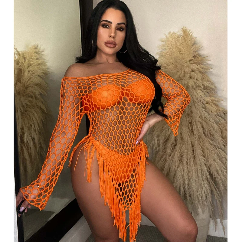 2023 New Crochet Hollow out copricostume da spiaggia irregolare nappa a maniche lunghe da donna Sexy See Through swimwear costume da bagno Cover up