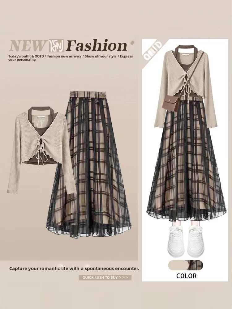 

Сексуальная клетчатая юбка Spliced ter Ne Bla Me, винтажная футболка с юбкой для тела, ансамбль, женская модная осенняя одежда...