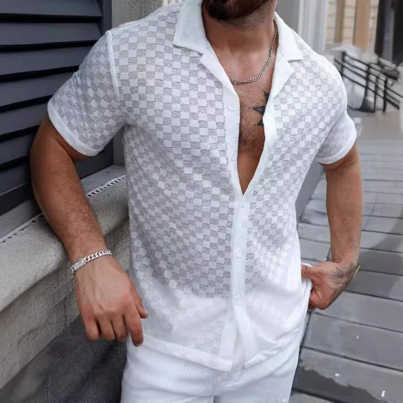 Men's White Checkered Short-Sleeve Shirt Hollow Out Knit Button-Down Casual Breathable Summer Beach Top
