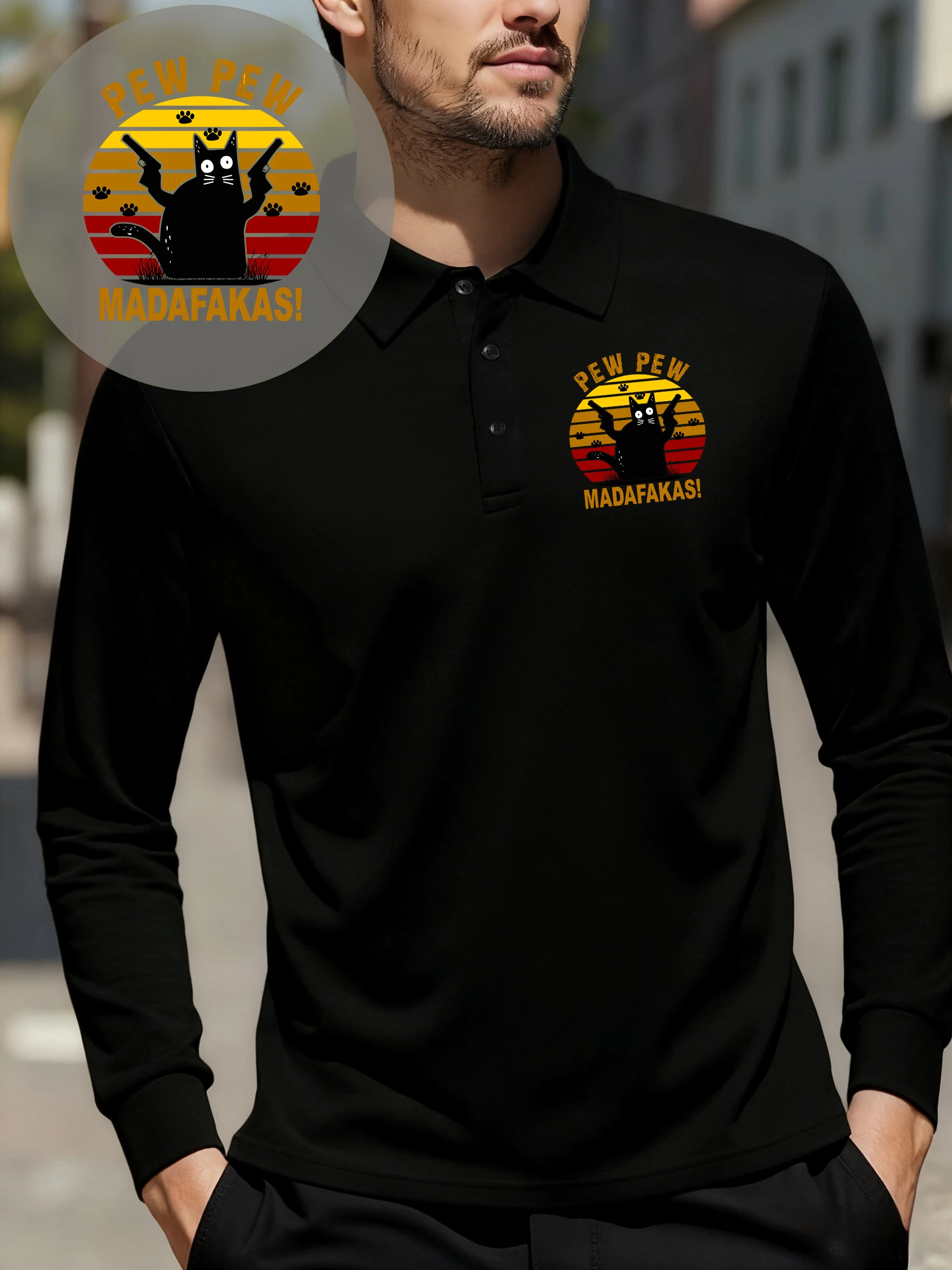 

Pew Pew Madafakas Cats Pattern Men Polo T Shirts Fleece Lapel Tee Shirt All-Match Autumn Streetwear Casual Business Long Sleeves