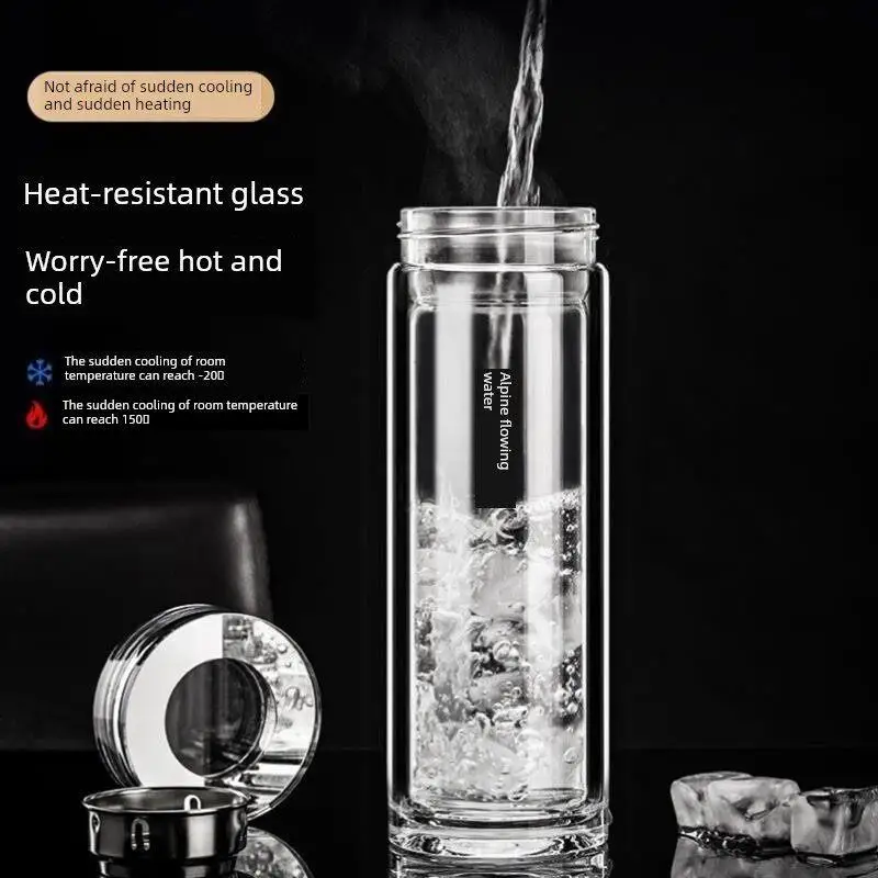 

500ml Men's Glass Protective Cover Heat Resistant Fall Proof Double Layered Borosilicate Glass Cup Antibacterial Insulated Cup