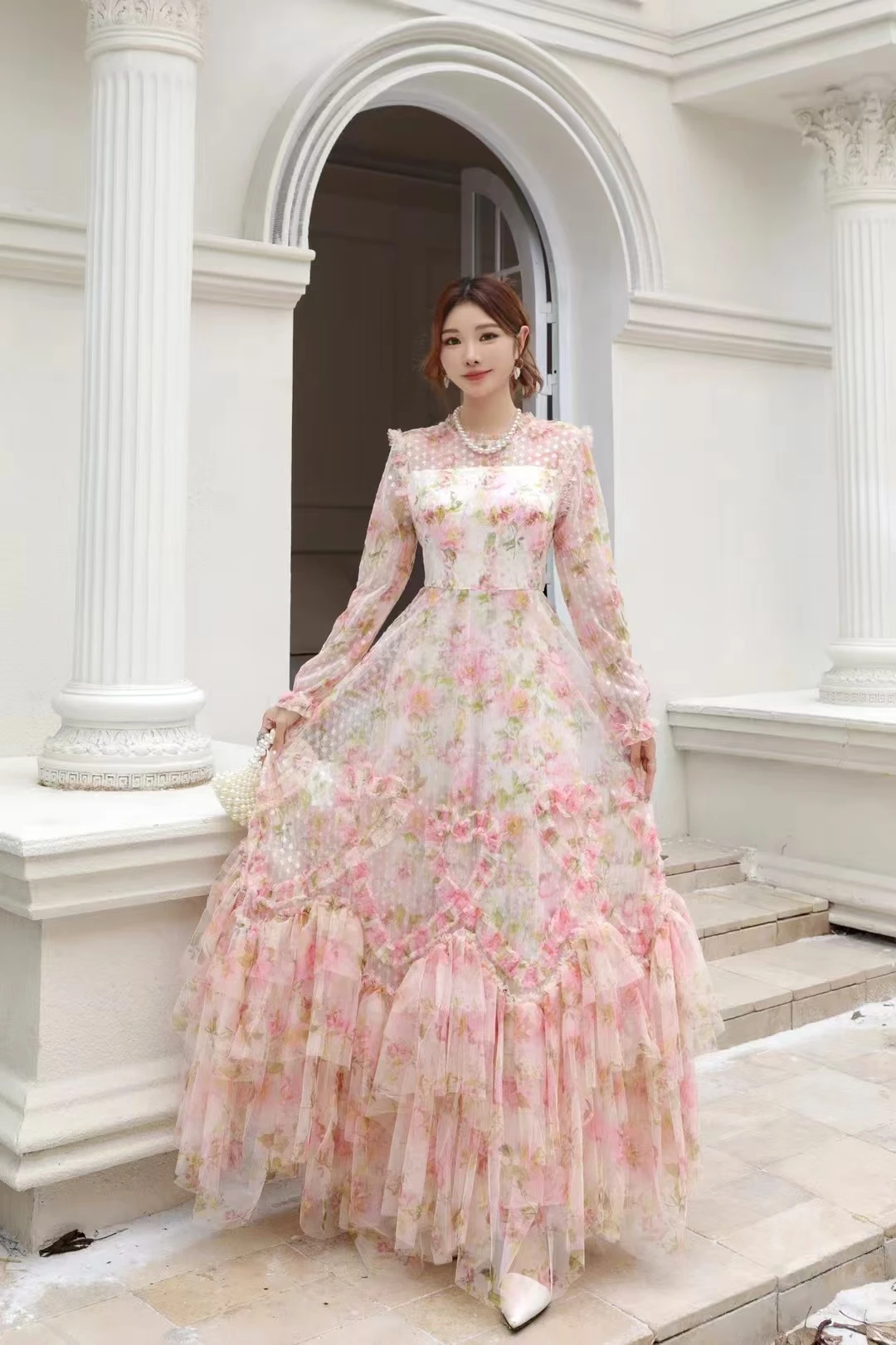 SEQINYY Elegant Long Dress Summer Spring New Fashion Design Women Runway Dot Sequined Vintage Flower Print Mesh Ruffles Heart