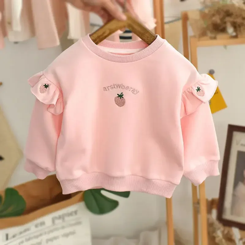 kids T-Shirts Spring and Autumn New Childrens Hoodie Lotus Leaf Sleeves Embroidered Fashion Top Babys Stylish Round Neck Clothes