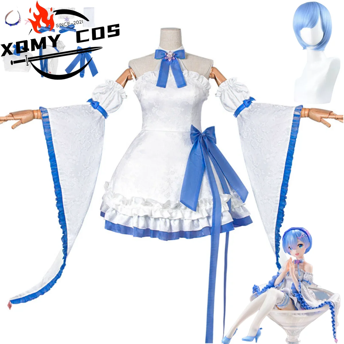 

XqAnime Re:Life in A Different World From Zero Rem Косплей Костюм Белое Небесное Платье Горничной Парик Женский Каваи Костюм Для Дня Рождения
