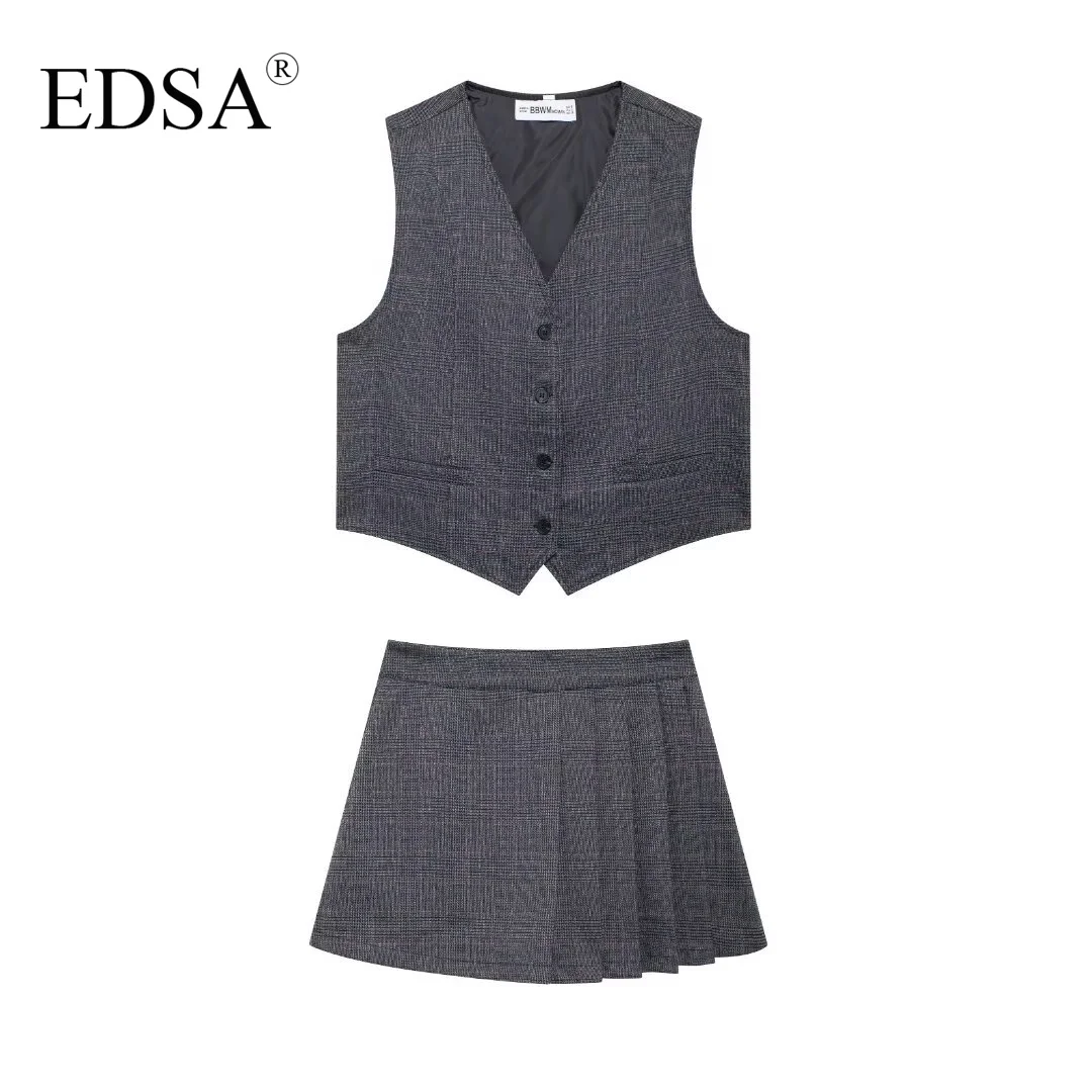 EDSA Women Grey Plaid Shorts Set 2 Pcs Sleeveless V-Neck Single Breasted Vest & Shorts Skirt for Female Streetwear