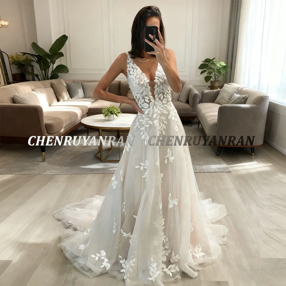 

Свадебные платья в стиле бохо для женщин 2025 с v-образным вырезом без рукавов, сексуальные свадебные платья, кружевное фатиновое платье трапециевидной формы, элегантное платье невесты, платья de novia