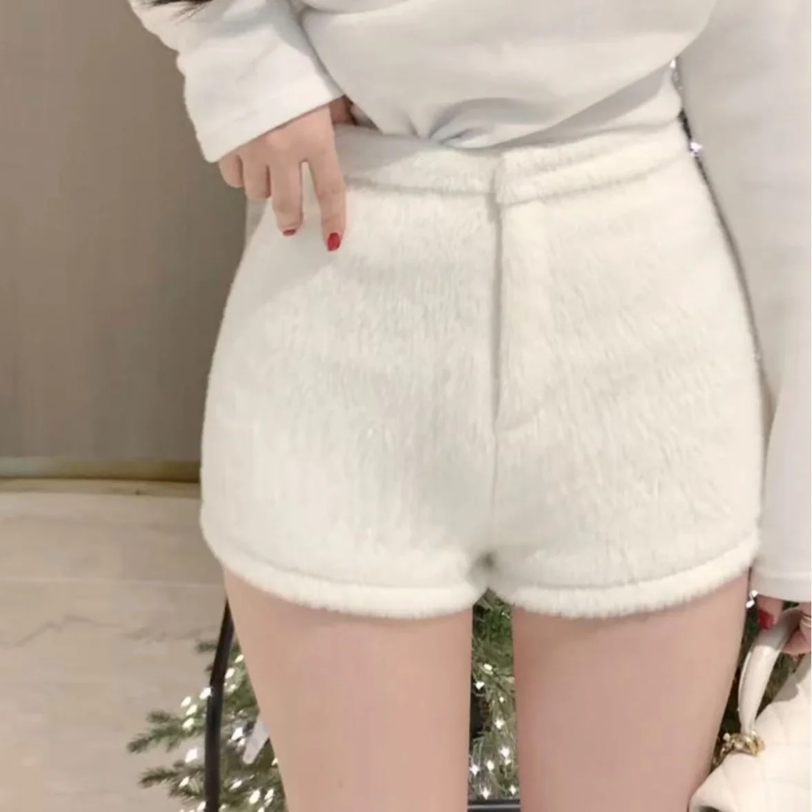 Chique outono inverno cintura alta perna larga ort calças femininas pele do falso textura macia coreano sle corte reto quente commute wear